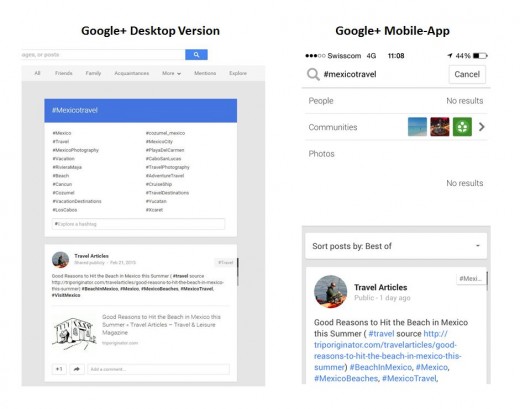 Google Plus Hashtag Suchergebnisse Desktop und Mobile App