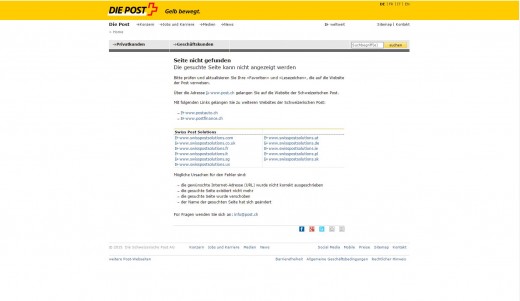 404 Fehlerseite von Post.ch Website