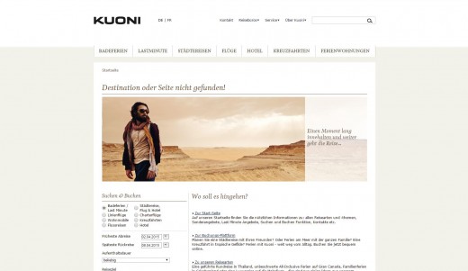 404 Fehlerseite von Kuoni.ch Website