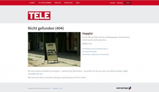 404 Fehlerseite von Tele.ch