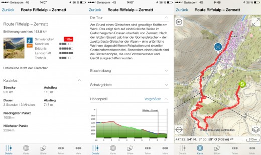 Screenshots aus der Wander-App von Nivea: Details zu einzelnen Wanderungen