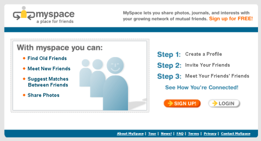 Aussehen Myspace beim Start