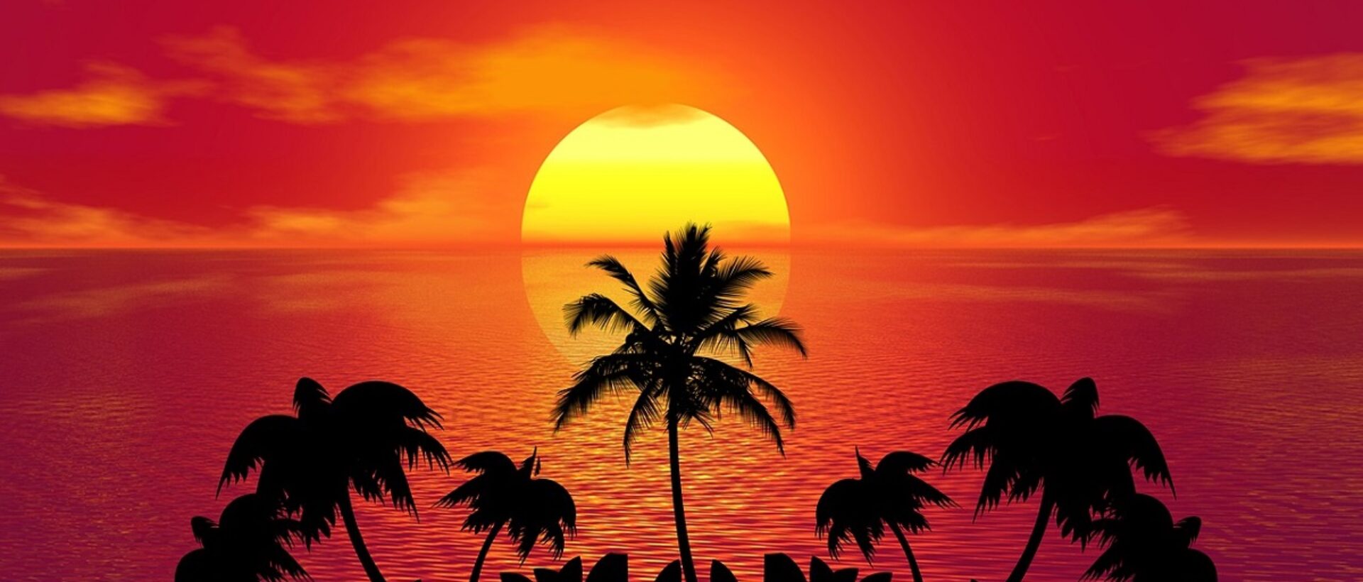Bild von einem Sonnenuntergang über dem Meer. Im Vordergrund ist eine Insel mit Palmen abgebildet.