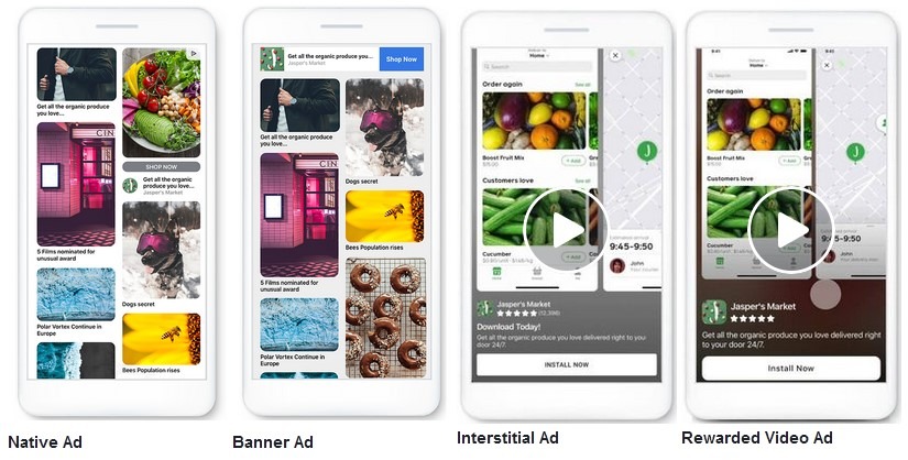 Beispiele für verschiedene Anzeige Formate Native Ad, Banner Ad, Interstitial Ad und Rewarded Video im Audience Network von Meta