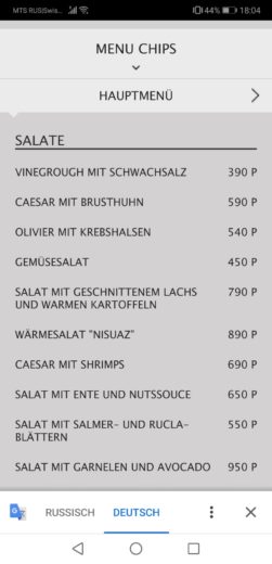 ein Screenshot als Beispiel der Sofotübersetzung einer Speisekarte von Russisch auf Deutsch