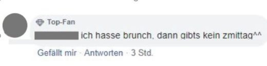 Screenshot eines Facebook-Kommentars eines Top-Fans mit dem Text " ich hasse Brunch, dann gibt's kein Zmittag".