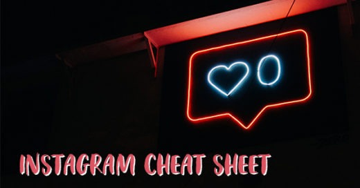 Instagram Cheat Sheet Titel steht auf schwarzem Hintergrund, daneben eine Neon-Abbildung.