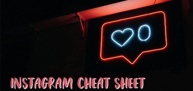 Instagram Cheat Sheet Titel steht auf schwarzem Hintergrund, daneben eine Neon-Abbildung.
