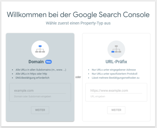 Screenshot der neuen Property Auswahl in der neuen Google Search Console zwischen Domain und URL Präfix