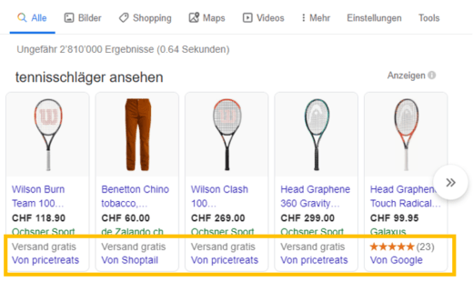Shopping Feed von CSS-Anbietern mit Tennischlägern