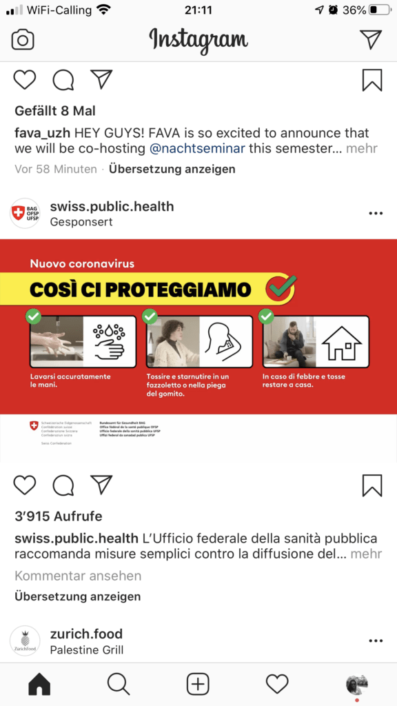 Instagramfeed der den gesponserten Link Ad Beitrag vom BAG zeigt zum Thema Coronavirus.