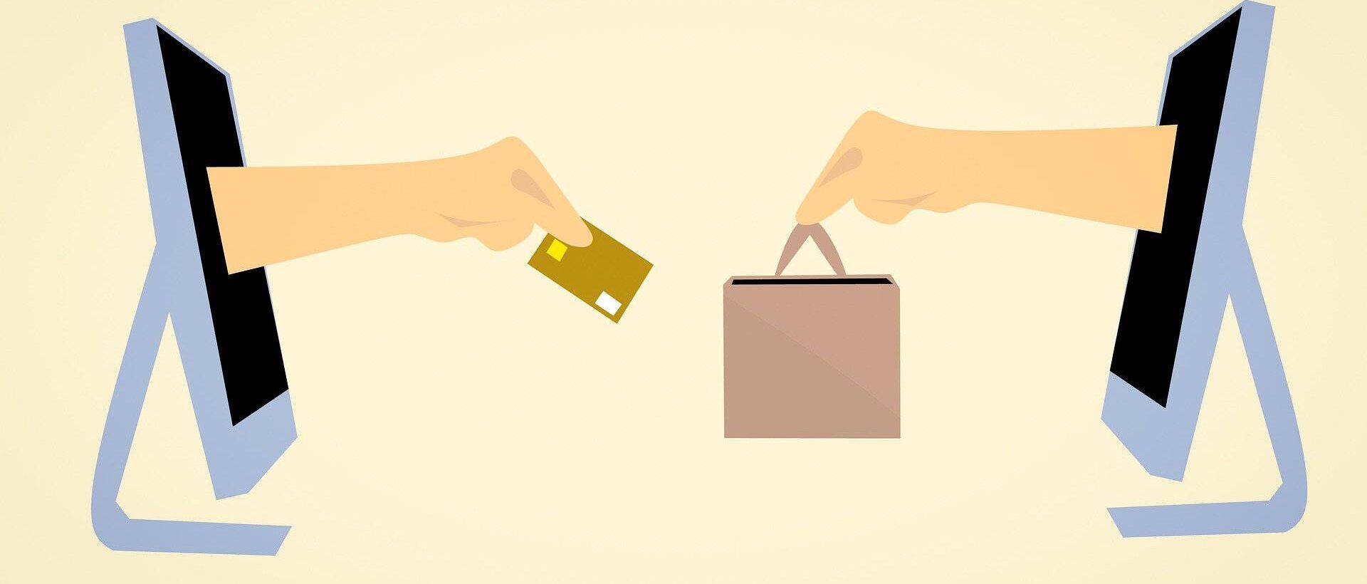 Das BIld zeigt den Online Handel mit Händen, die aus dem Bildschirm kommen und die Ware bezahlen.
