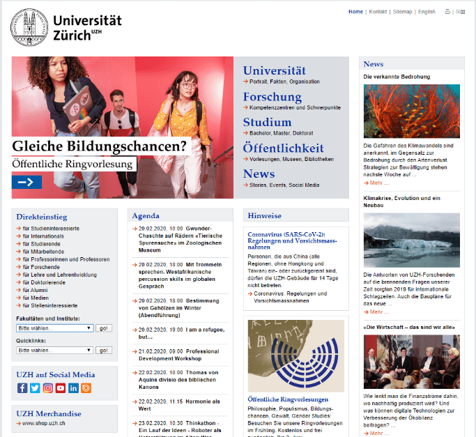 Ausschnitt aus der Website der Universität Zürich