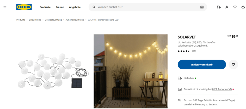 Ausschnitt IKEA als Beispiel für die Darstellung des CTA Warenkorb einer Produktseite im Online Shop