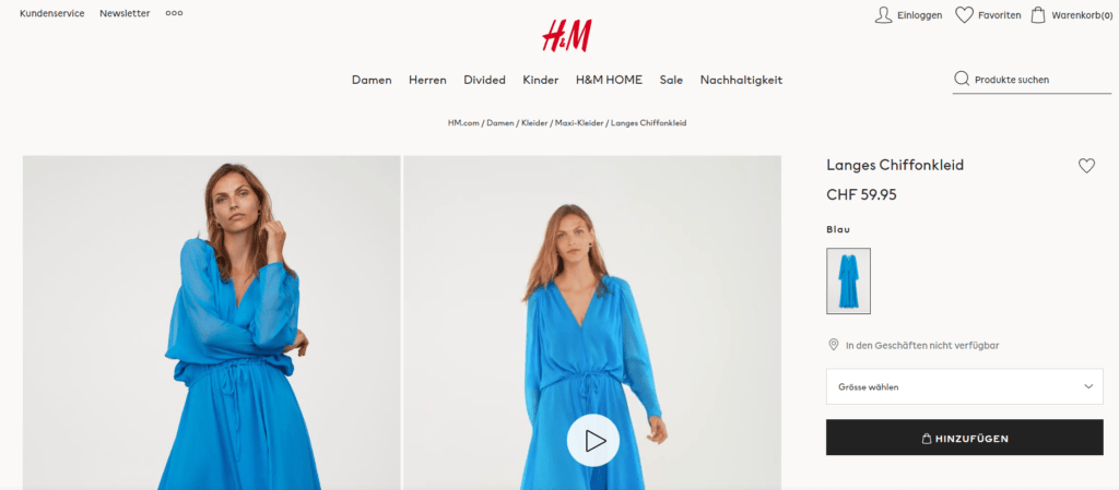 Ausschnitt H&M Produktseite als Beispiel für Produktbilder einer Produktseite im Online Shop