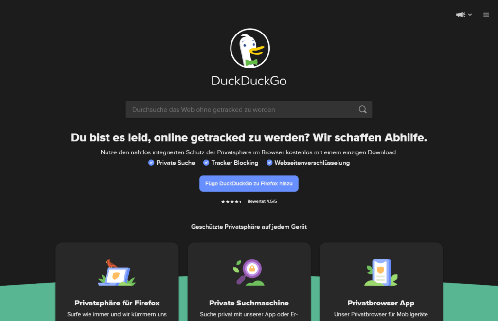 Bildschirmfoto der Suchmaschine DuckDuckGo mit dunklem Grund und heller Schrift