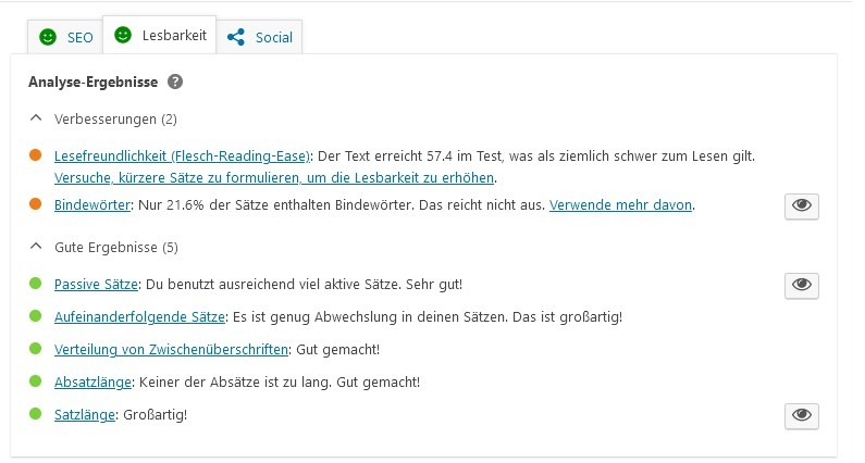 Bildschirmfoto aktualisierte Bewertung der Lesbarkeit durch das SEO Plugin von Yoast