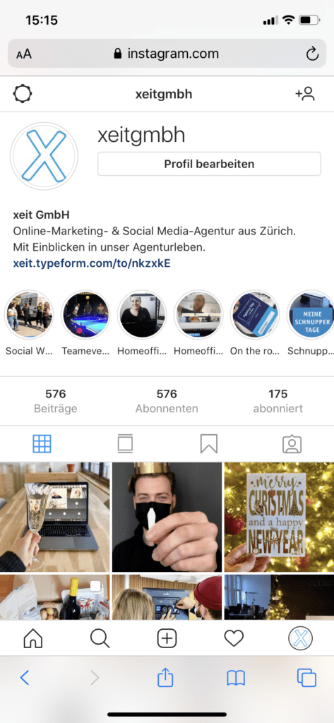 Ausschnitt Instagram in Browser als Beispiel für Tab-Menü auf Mobile xeit