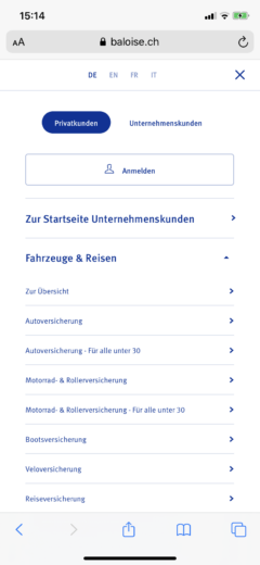 Ausschnitt mobile Website Menü von Baloise als Beispiel für Dropdowns xeit