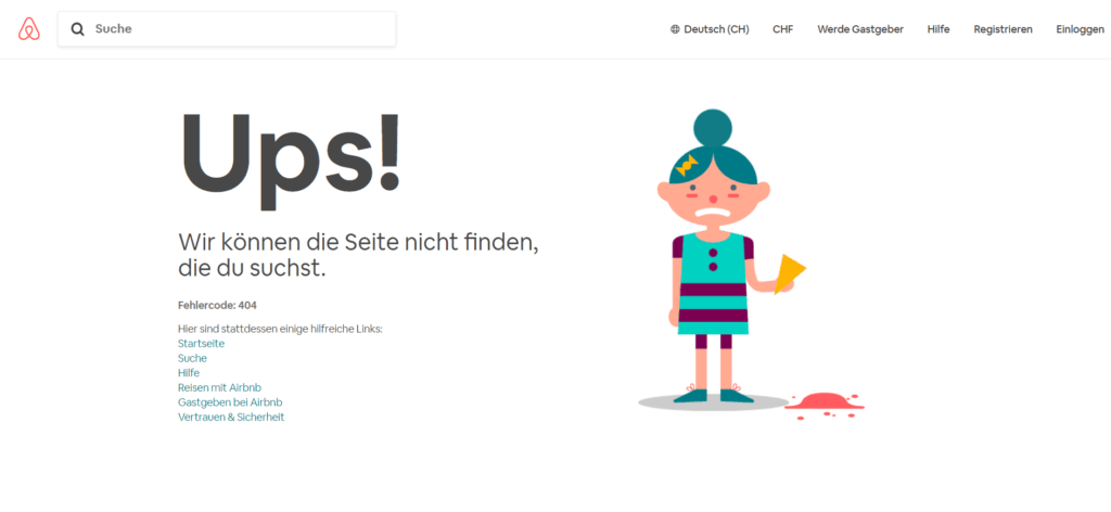 Ausschnitt Airbnb Website als Beispiel für gelungene 404 Fehlerseite xeit