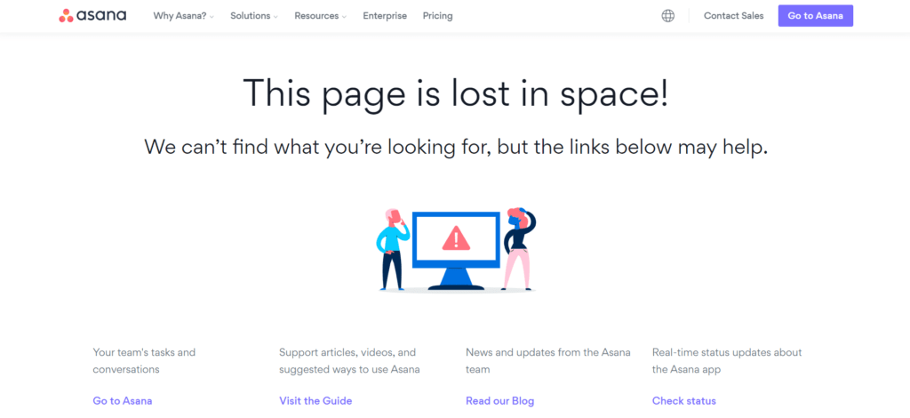 Ausschnitt Asana als Beispiel für Verlinkungen auf 404 Fehlerseite xeit