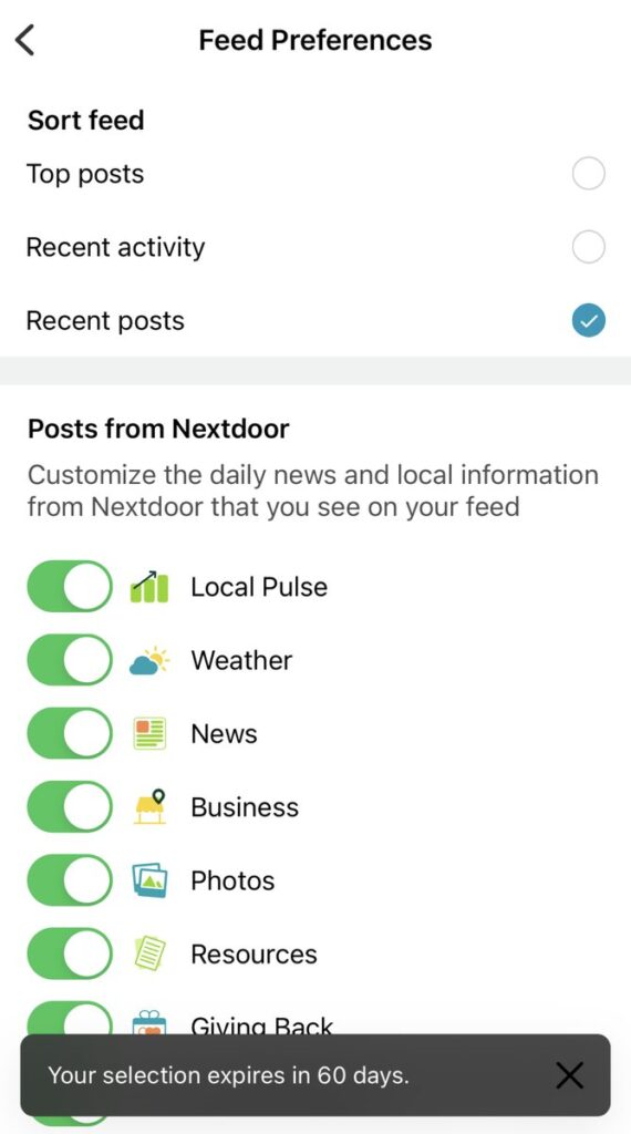 Bildschirmfoto der App Nextdoor mit benutzerunfreundlichen Setting