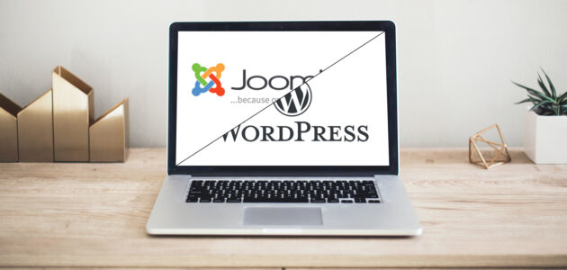 MacBook Pro mit WordPress und Joomla Logo auf dem Bildschirm