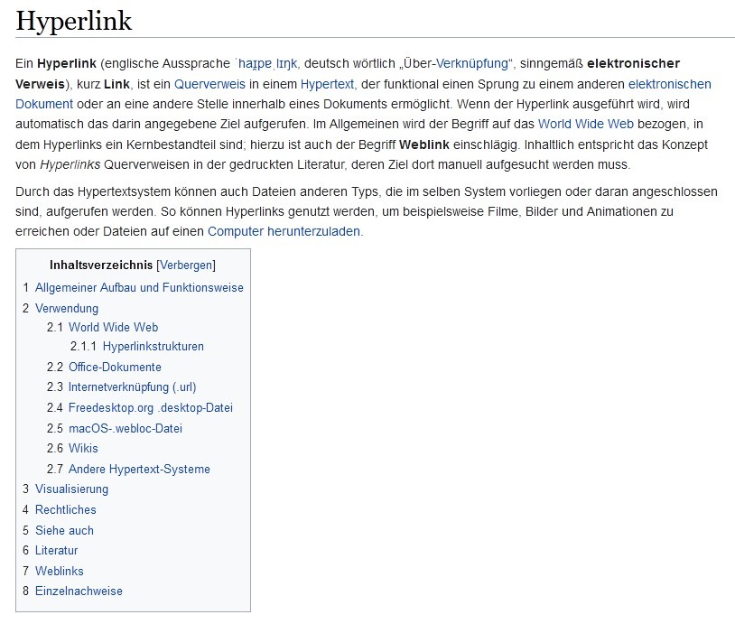 Bildschirmfoto von Wikipedia: ein klassisches Beispiel für eine sehr dichte interne Linkstruktur
