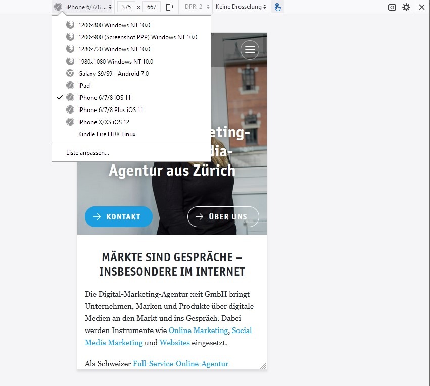 Bildschirmgrösse testen mit mobiler Ansicht in Firefox