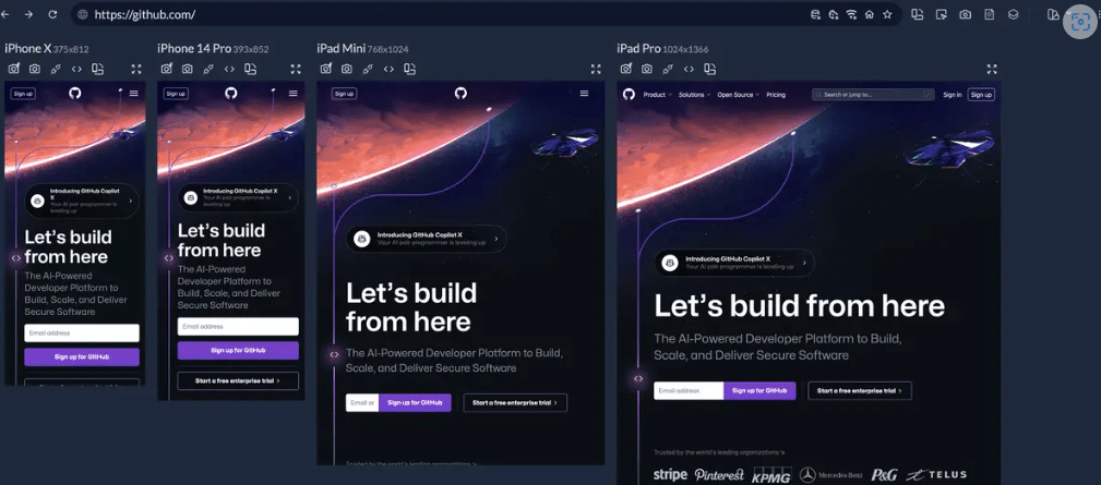 Responsive Darstellung der GitHub-Website auf verschiedenen iPhone- und iPad-Bildschirmgrössen.