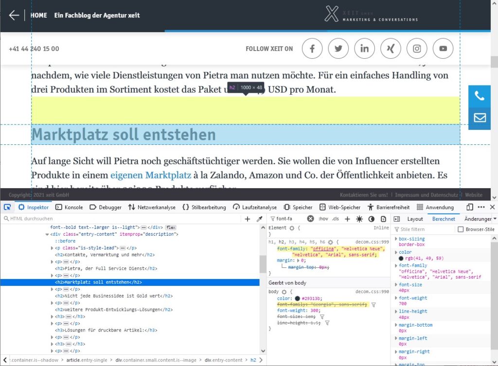 Die Entwicklerwerkzeuge von Firefox zeigen die Schriftart / Font an