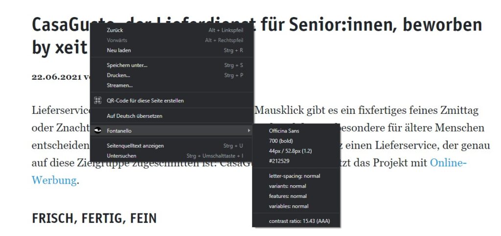 Screenshot einer Website mit geöffnetem Fontanello-Menü, das die Schriftart Officina Sans und weitere Typografie-Details anzeigt.
