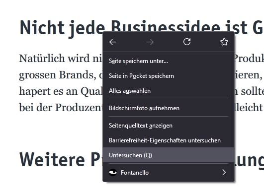 Screenshot einer Website im Firefox-Browser mit geöffnetem Kontextmenü und der Option «Untersuchen» zur Analyse von Schriftarten und Seitenelementen.
