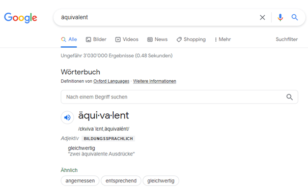 Beispiel einer Google Zero Click Search, bei der eine Begriffsdefinition ausgespielt wird