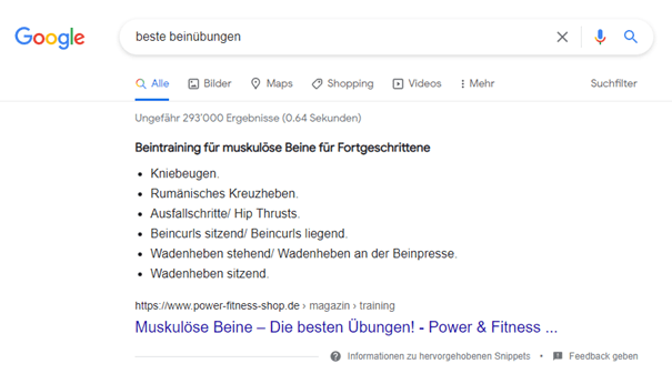 Beispiel einer Google Zero Click Search, bei der ein Featured Snippet ausgespielt wird