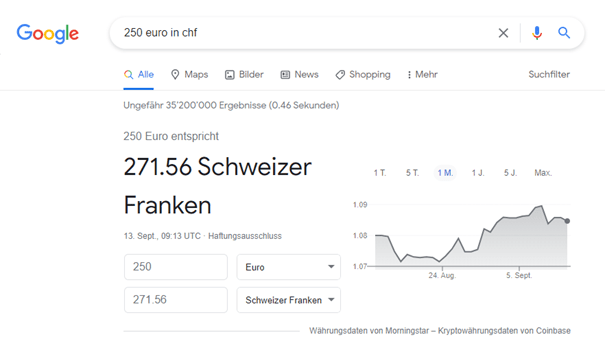 Beispiel einer Google Zero Click Search, bei der ein Währungsrechner ausgespielt wird