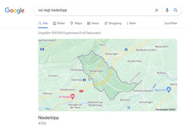 Beispiel einer Google Zero Click Search, bei der Google Maps ausgespielt wird