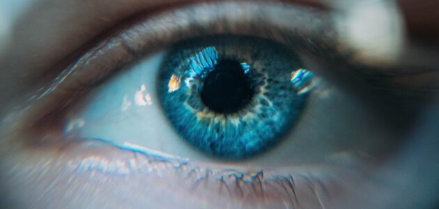 Blaues Auge blickt in den Bildschirm als Symbol für Eye Tracking