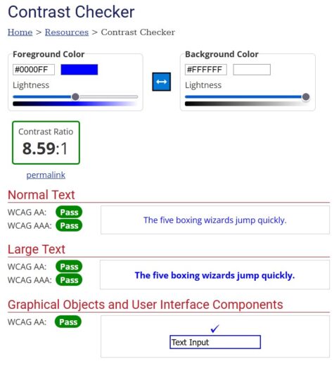 Screenshot des Contrast Checkers für Links und Texte