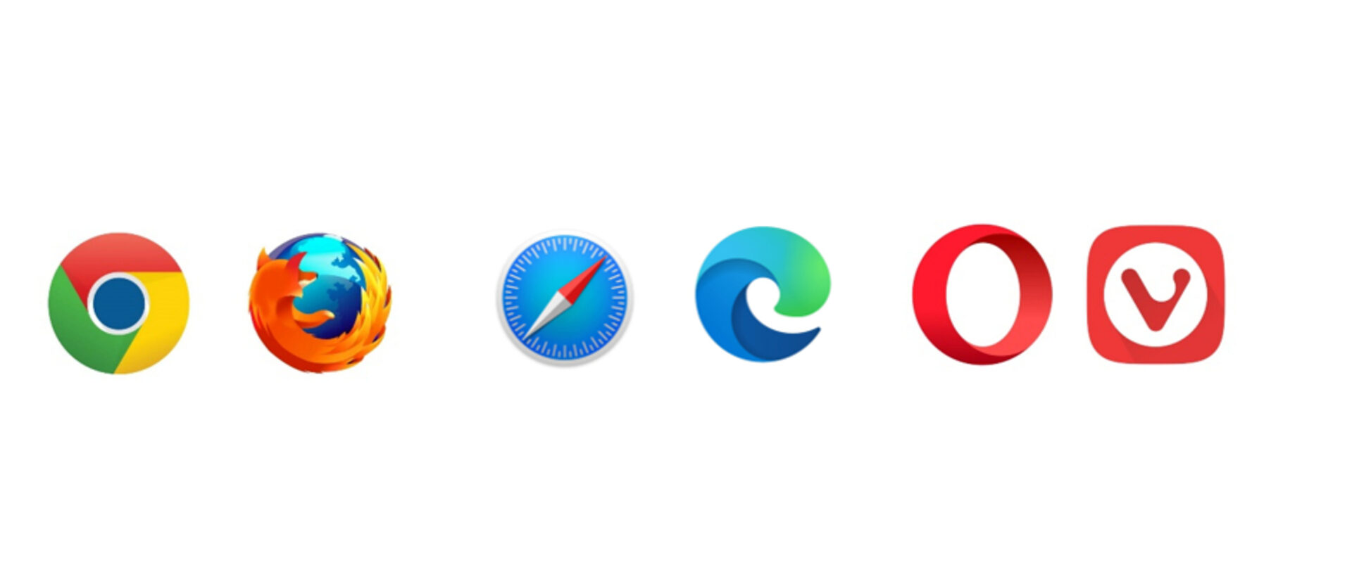 Browser Google Chrome, Mozilla Firefox, Apple Safari, Microsoft Edge, Opera und Vivaldi nebeneinander