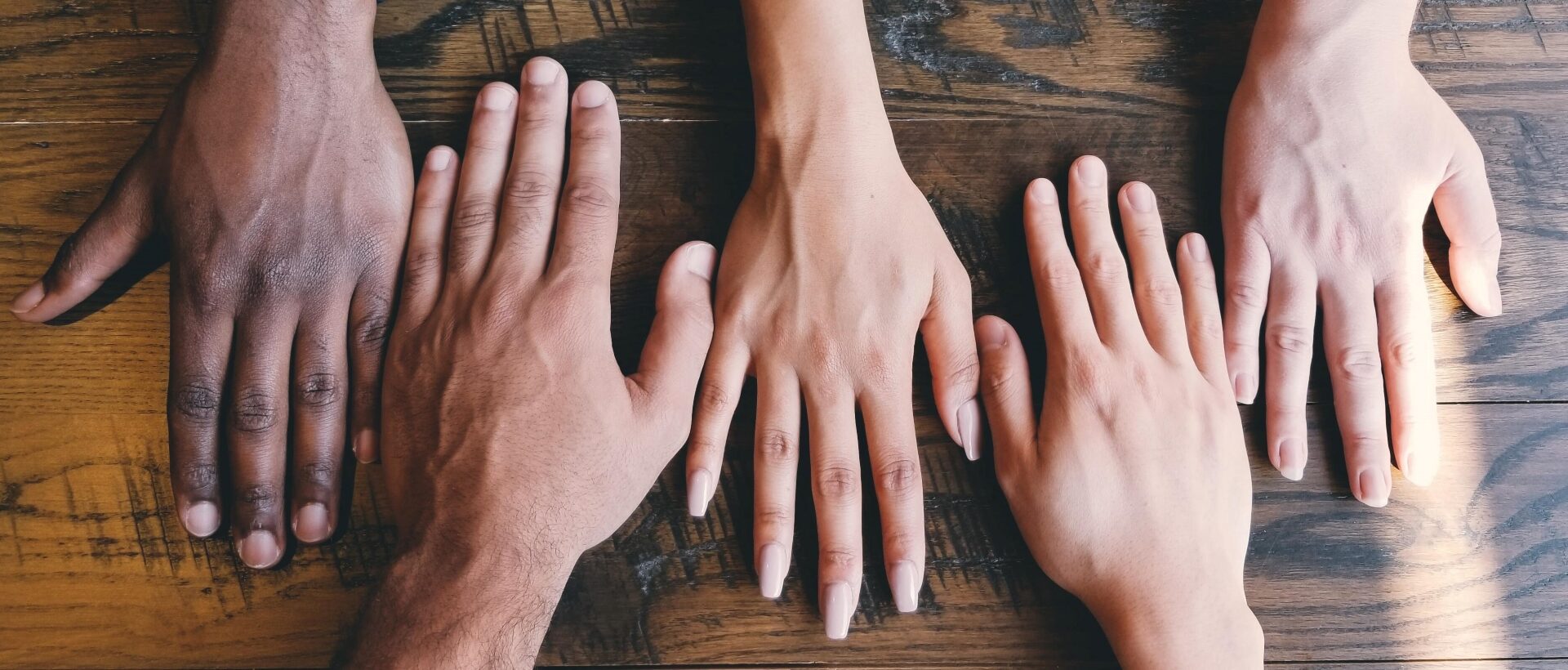 Hände in unterschiedlichen Hauttönen sind auf einer Holzplatte platziert und symbolisieren Diversity.