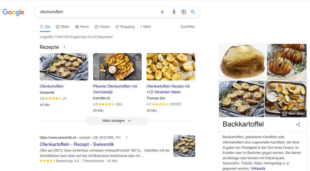 Google Suchresultate von Ofenkartoffeln
