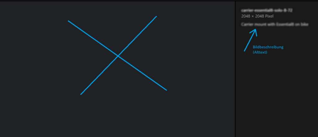 Ein blaues Kreuz stellt ein Bild dar, daneben mit blauem Pfeil die Bildbeschreibung bzw. der Bild-Alttext zum Ausfüllen markiert