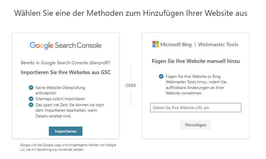 Ein Screenshot zeigt die Methoden zum Hinzufügen von Websites in Webmaster Tools - entweder via Import aus der Google Search Console oder via manuellem Hinzufügen.