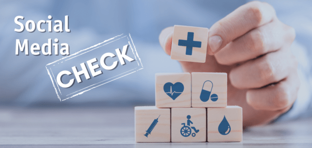 social media check krankenkassen und eine pyramide mit gesundheitssymbolen