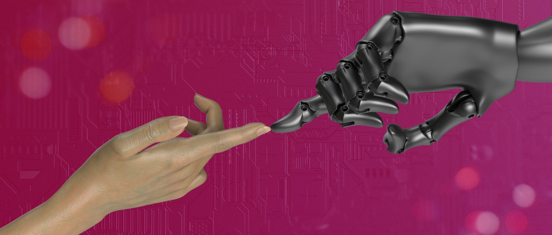 eine menschliche Hand und eine Roboterhand mit ausgestrecktem Zeigefinger berühren sich