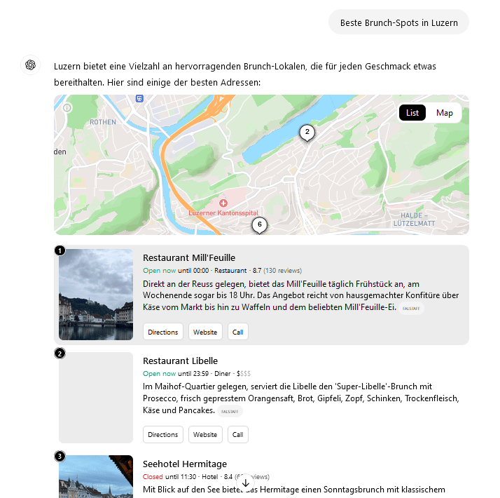 Screenshot einer Anfrage nach Brunchlokalen in Luzern mit der Suchfunktion von ChatGPT. 