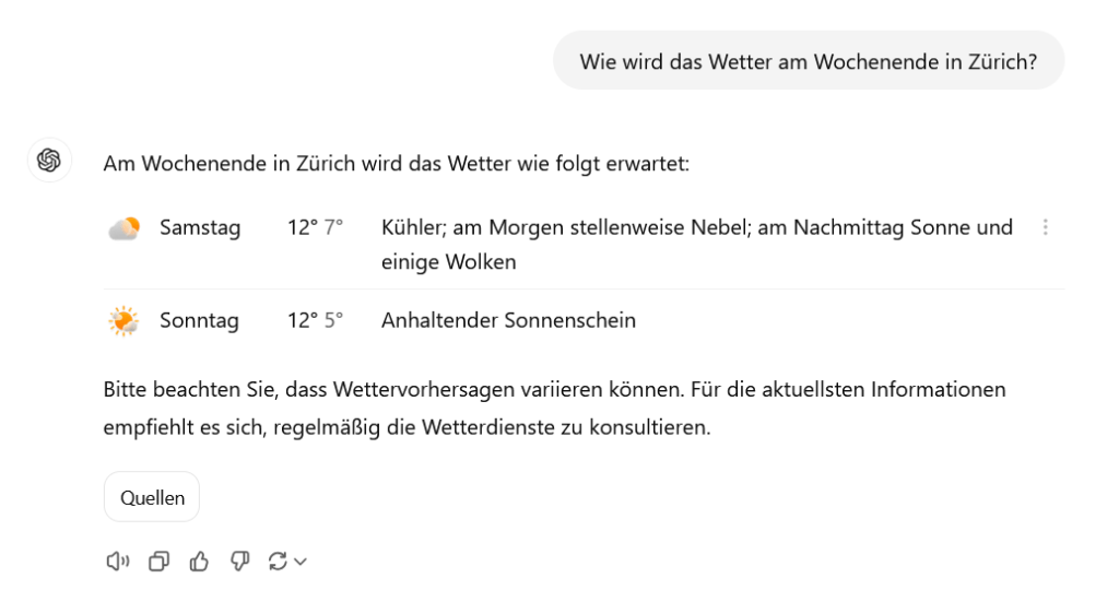Screenshot einer Wetterabfrage mit SearchGPT