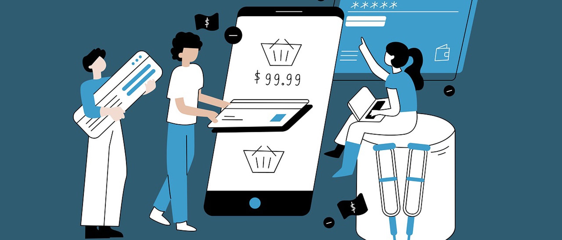 Personen sind gezeichnet und vor einem grossen Mobile Desktop