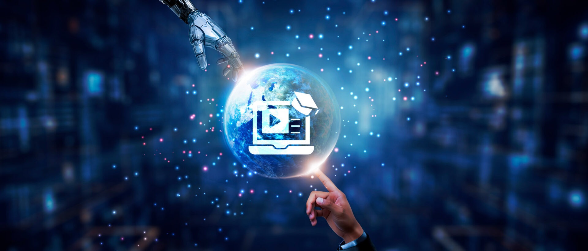 Roboter Hand und Hand von Menschen zeigen auf Video